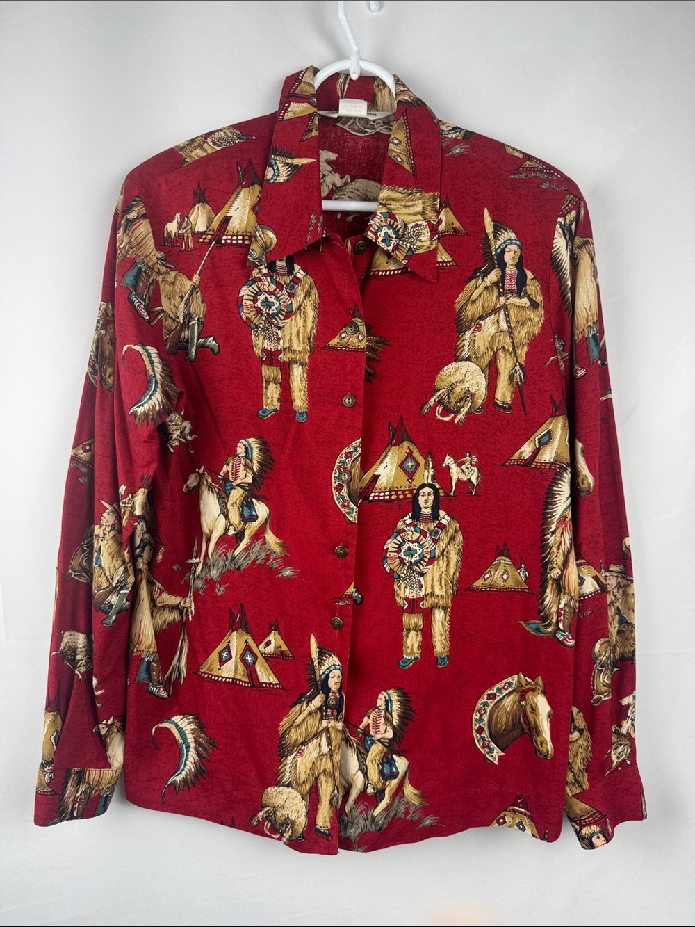 Vintage Sharon Young Button Down Shirt Native American Teepees Horses Size 4 USA